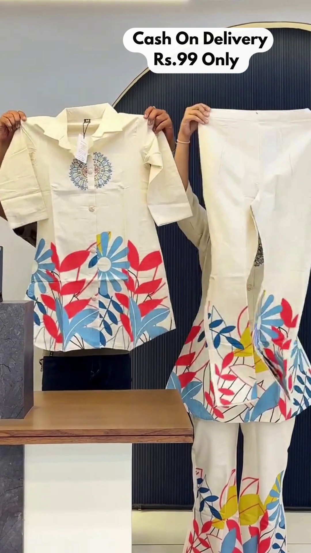 Elegant Cream Floral Co-Ord Set – Stylish Printed Top & Flared Pants