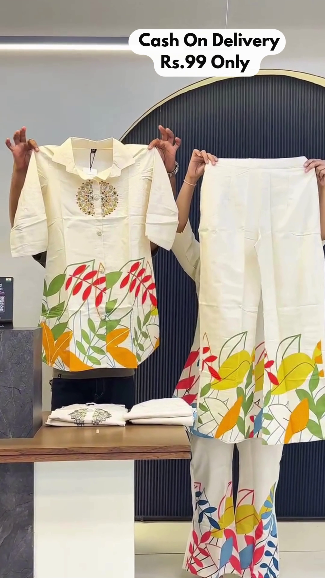 Elegant Cream Floral Co-Ord Set – Stylish Printed Top & Flared Pants