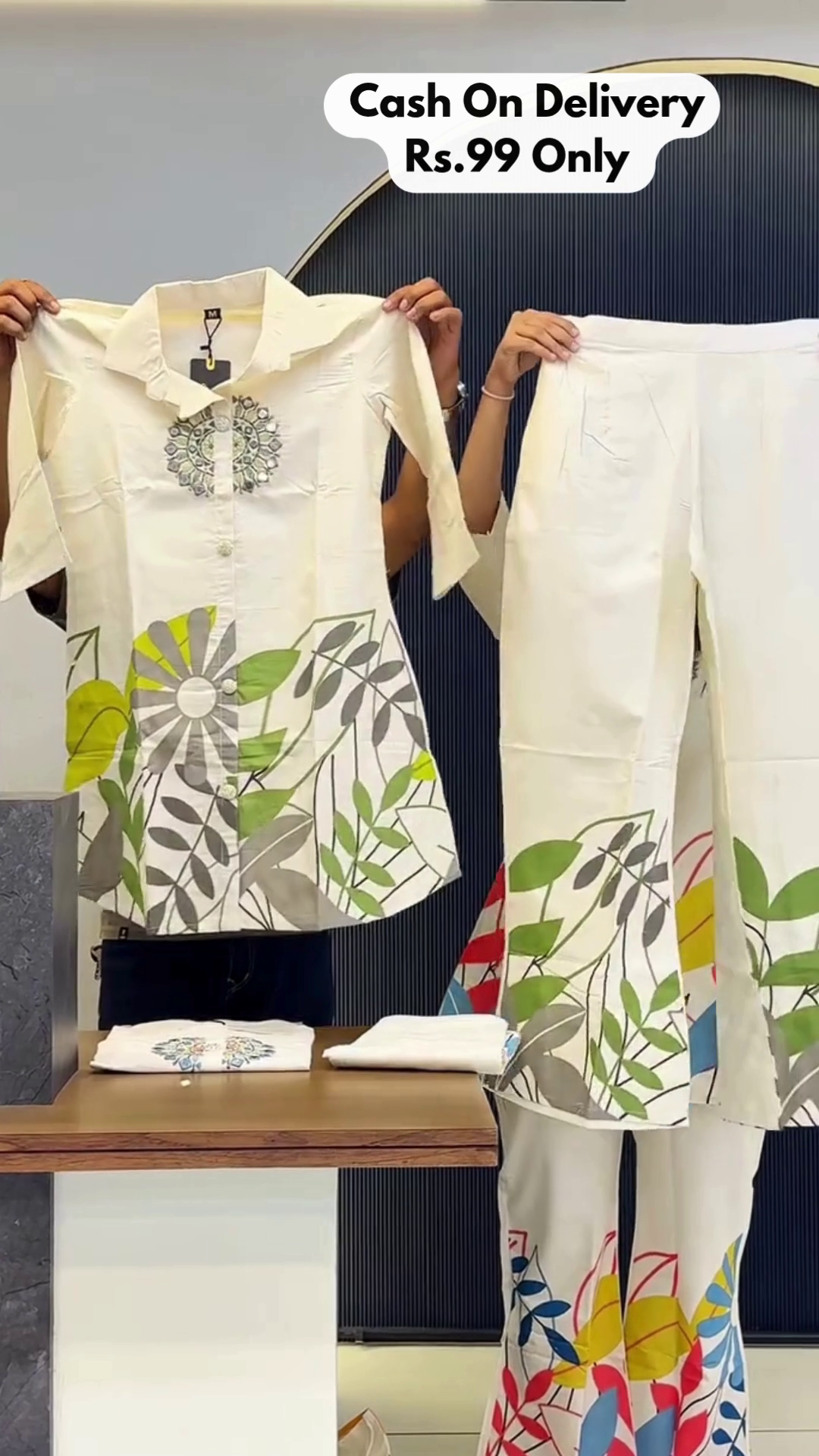 Elegant Cream Floral Co-Ord Set – Stylish Printed Top & Flared Pants