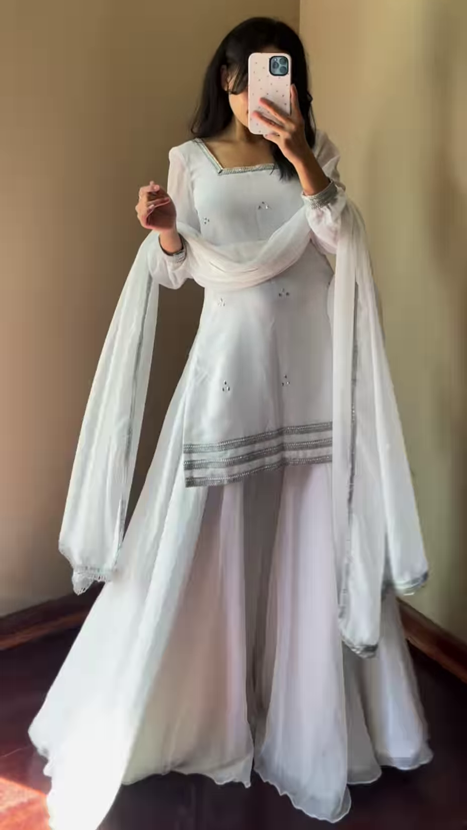 Stylish White Sharara Suit with Flowing Dupatta