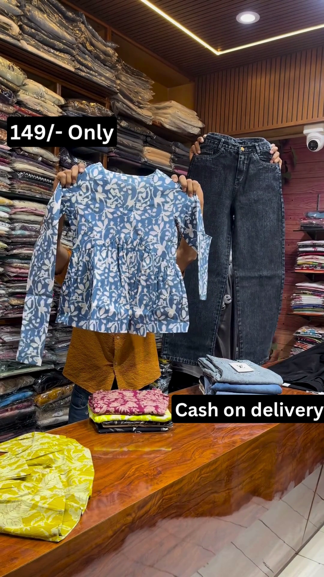 Stylish Yellow Printed Top with Classic Black Denim