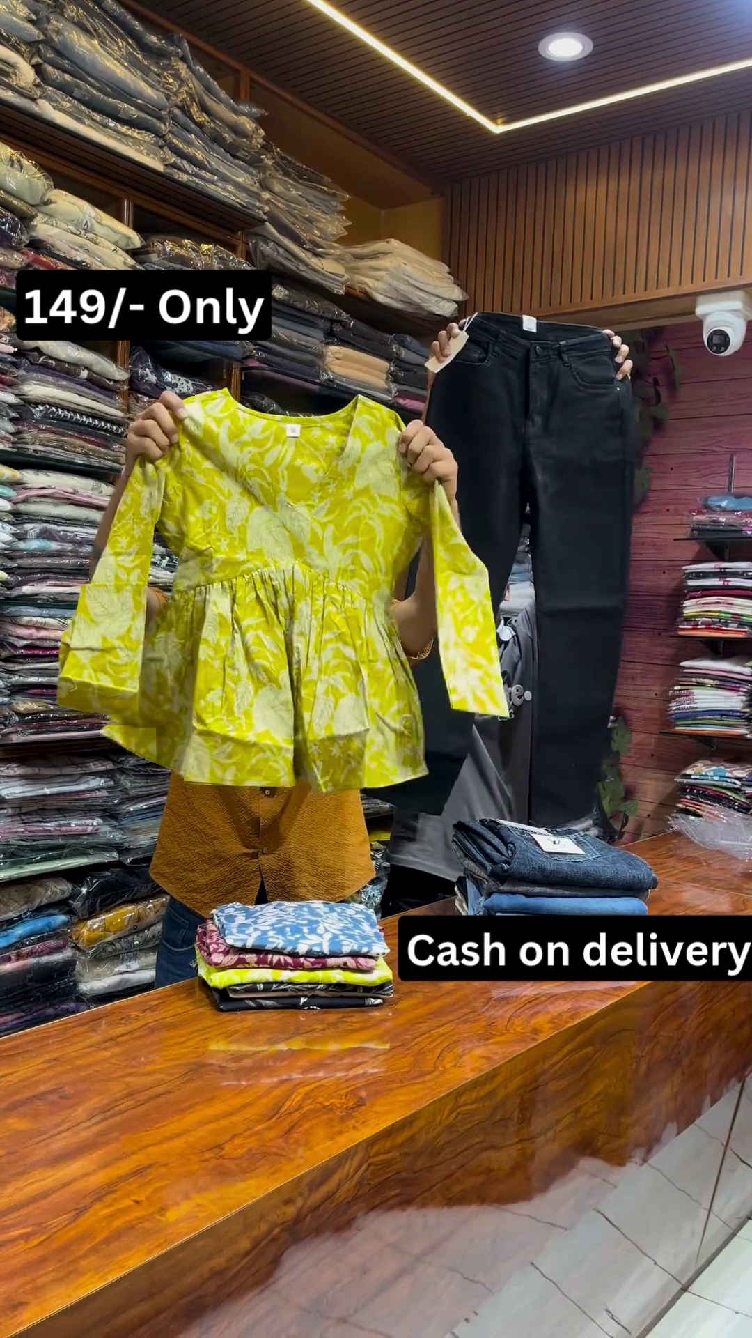 Stylish Yellow Printed Top with Classic Black Denim