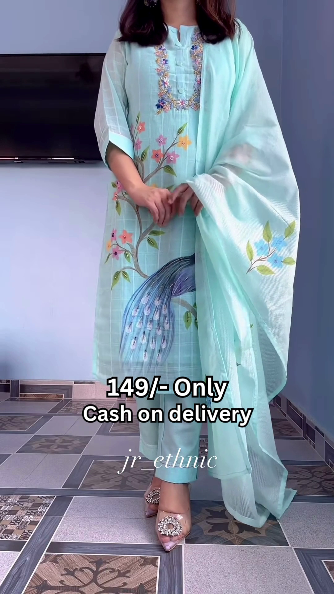 Elegant Aqua Blue Kurta Set with Peacock Artwork