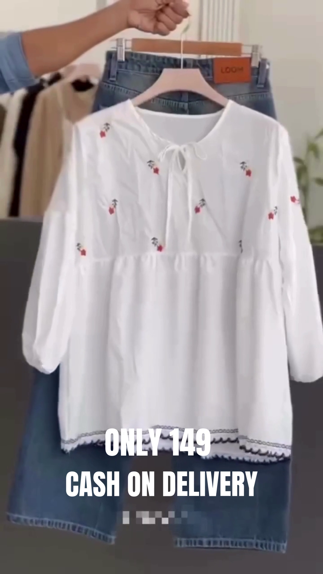 Elegant White Embroidered Casual Top with Classic Denim Skirt