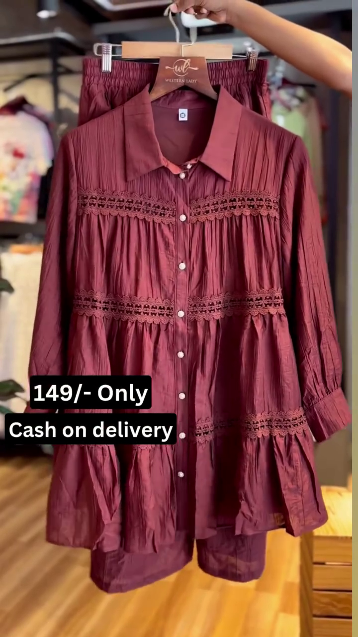 Chic Maroon Button-Down Peplum Top with Elegant Lace Detailing