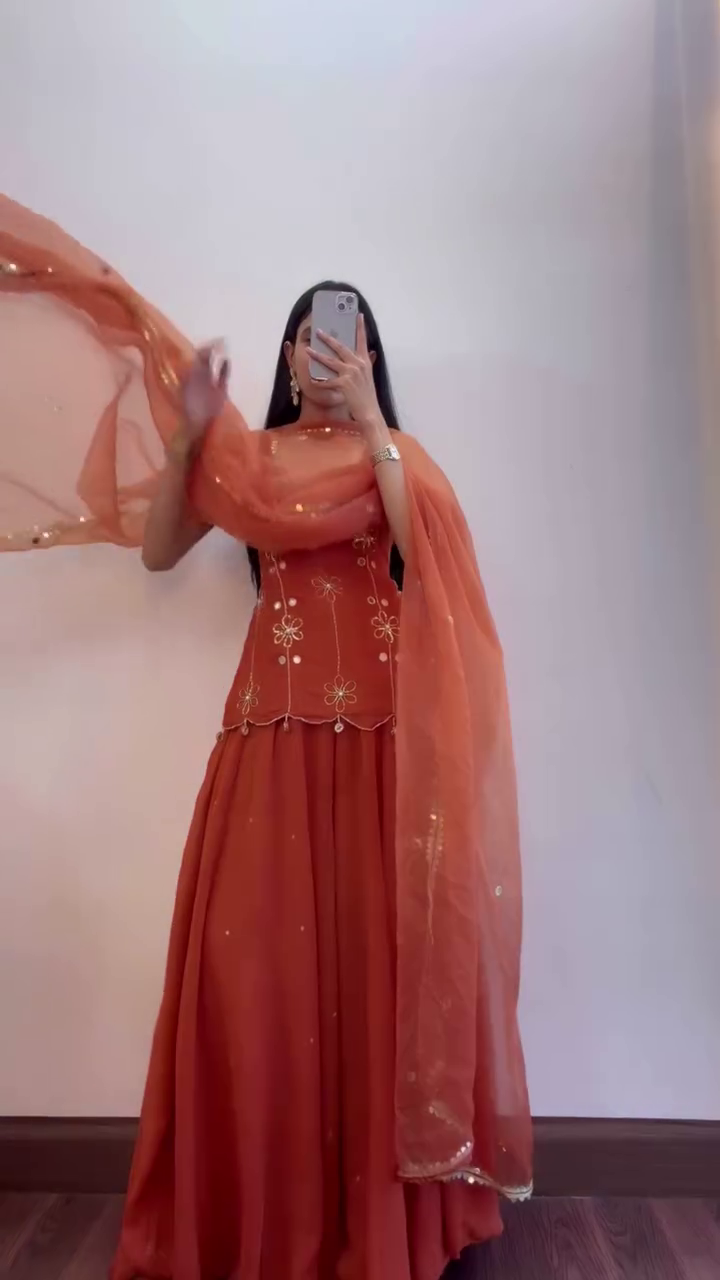 Elegant Rust Orange Embroidered Ethnic Lehenga Set