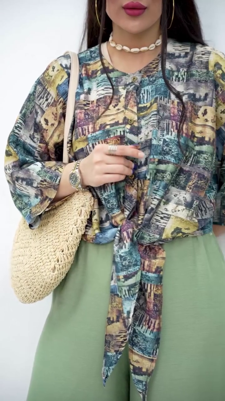 Chic Printed Knot-Front Top with Soft Green Skirt