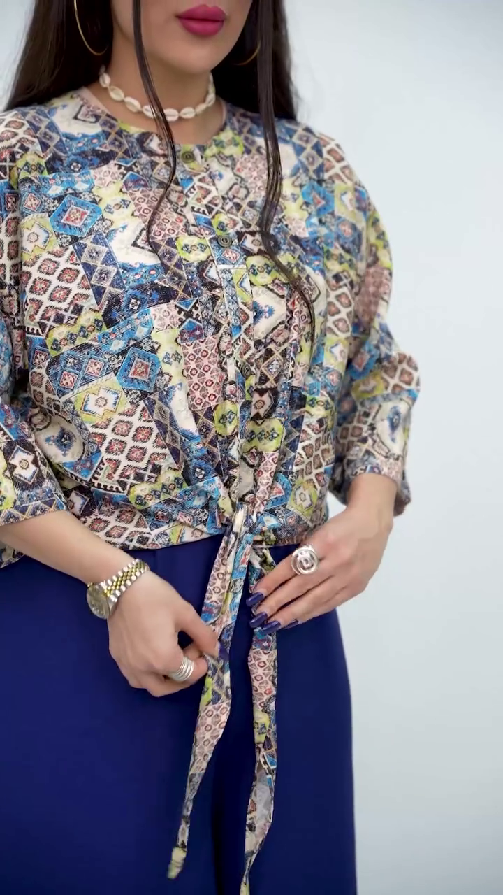 Chic Printed Knot-Front Top with Soft Green Skirt