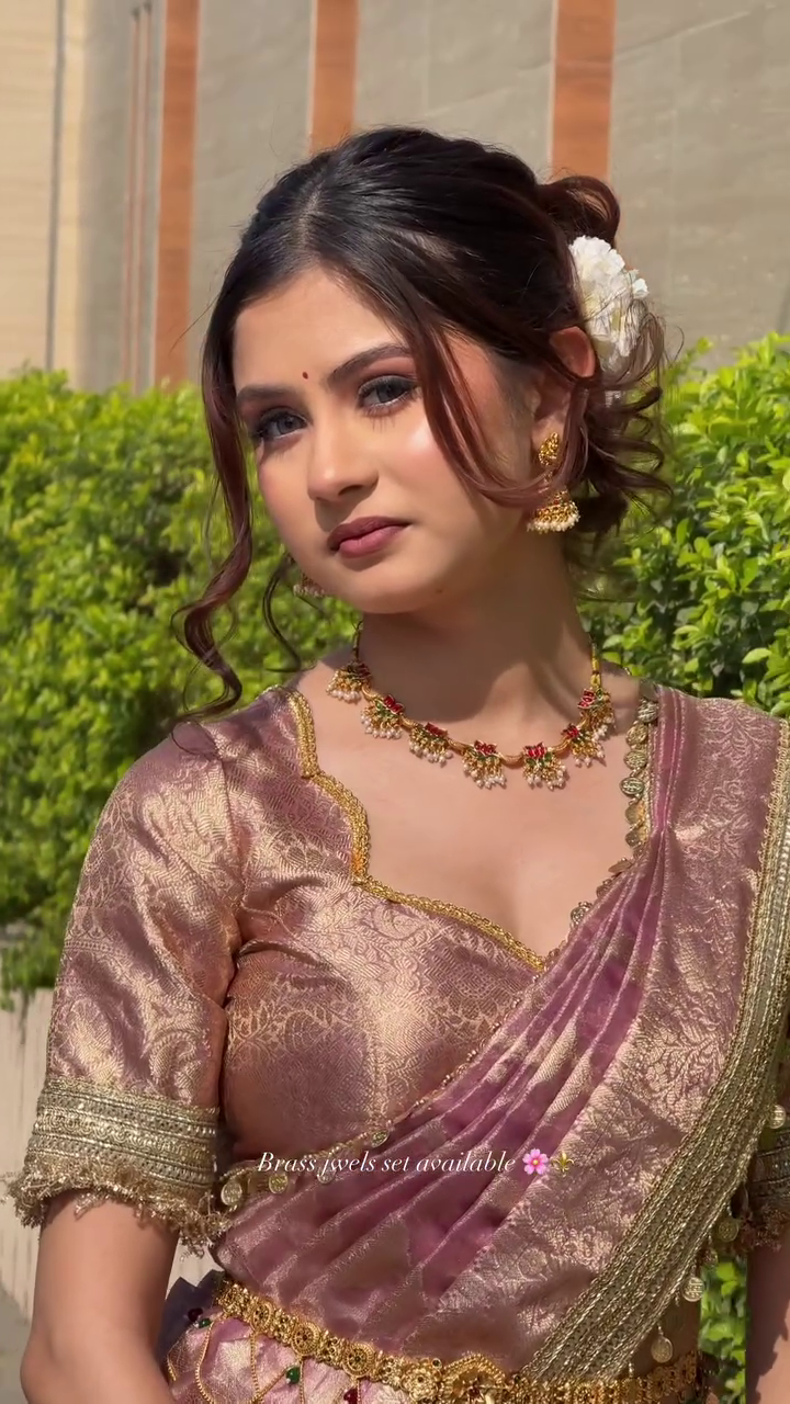 Elegant Mauve Silk Saree with Traditional Jewelry
