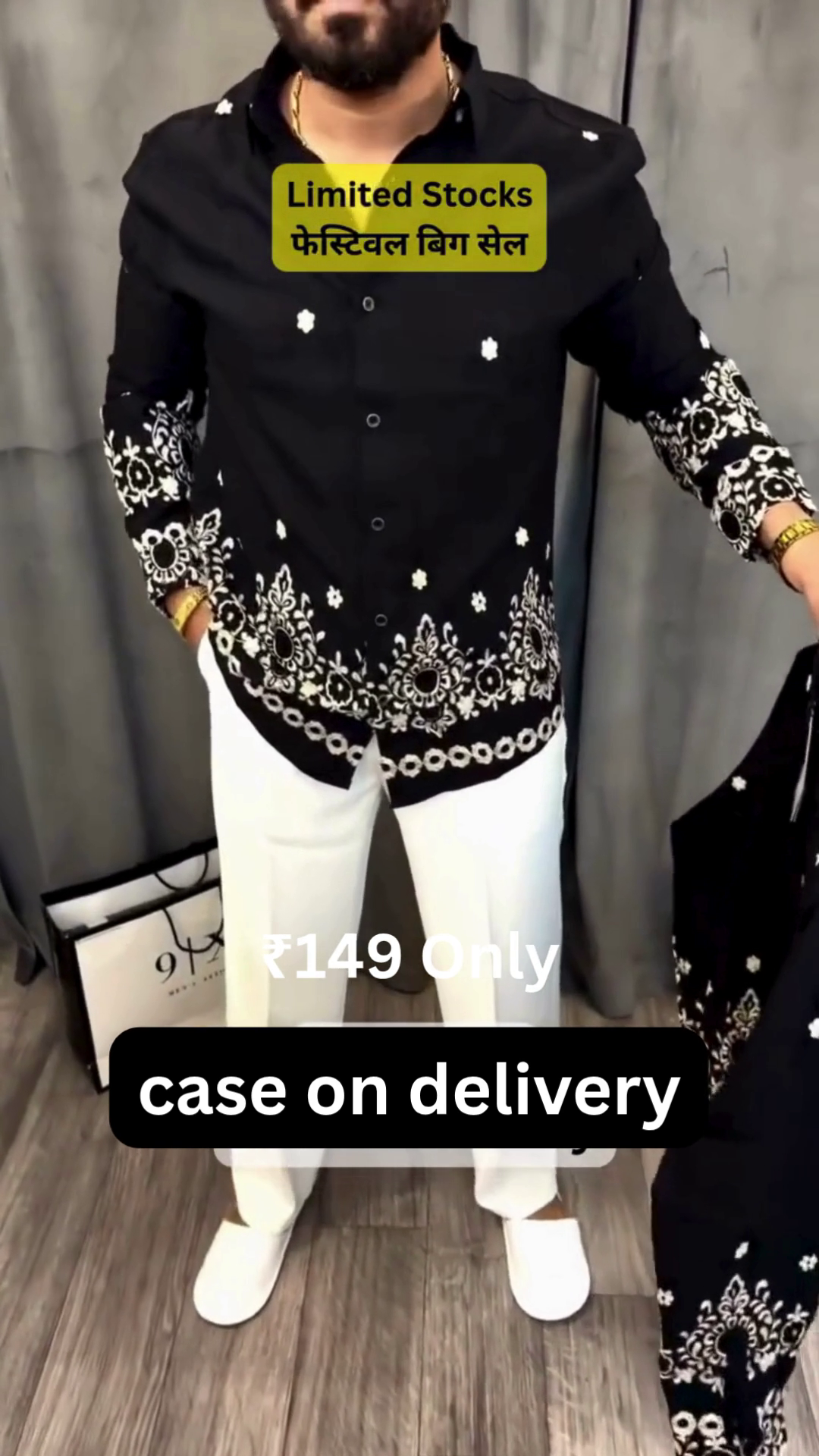 Stylish Black Printed Shirt with White Pants – Trendy Festive Casual Look for Men