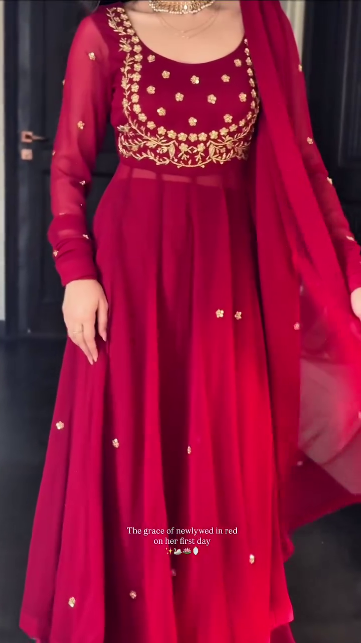 Bridal Red Anarkali Dress with Golden Embroidery – Perfect Wedding Elegance