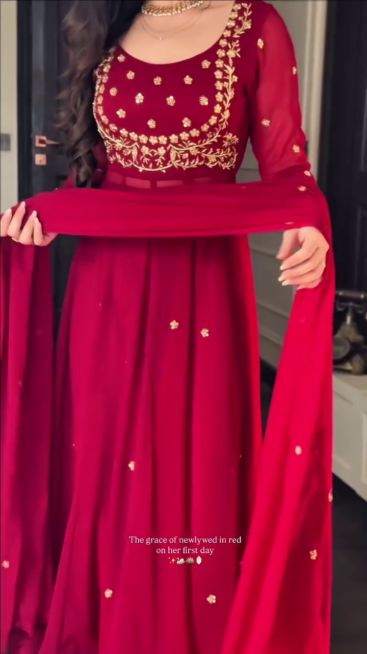 Bridal Red Anarkali Dress with Golden Embroidery – Perfect Wedding Elegance