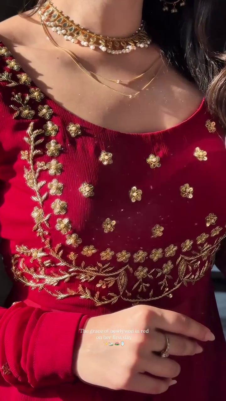 Bridal Red Anarkali Dress with Golden Embroidery – Perfect Wedding Elegance