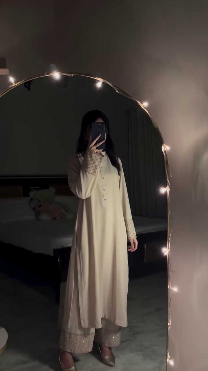 Minimal Beige Kurta Set with Subtle Embellishments – Elegant Nightwear Ethnic Style