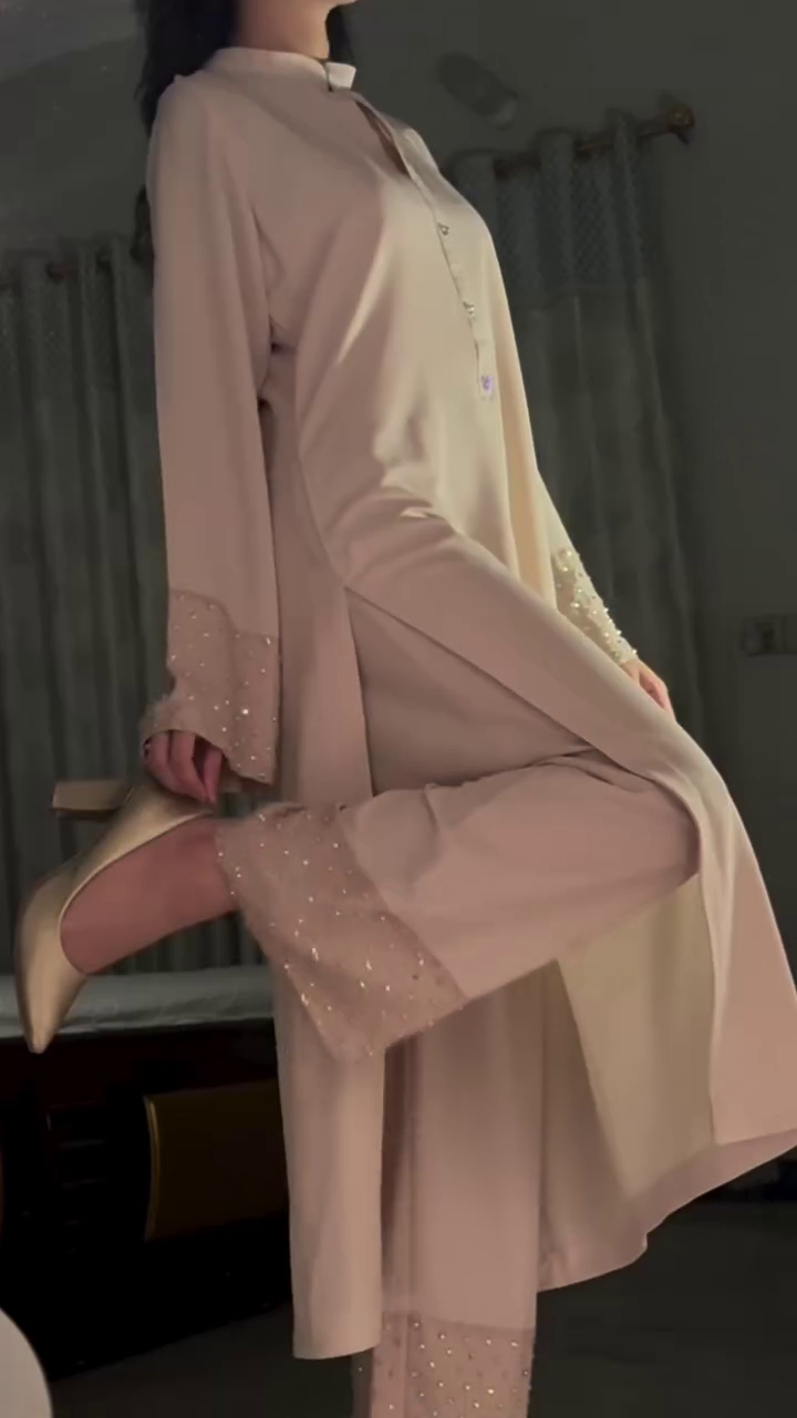 Minimal Beige Kurta Set with Subtle Embellishments – Elegant Nightwear Ethnic Style