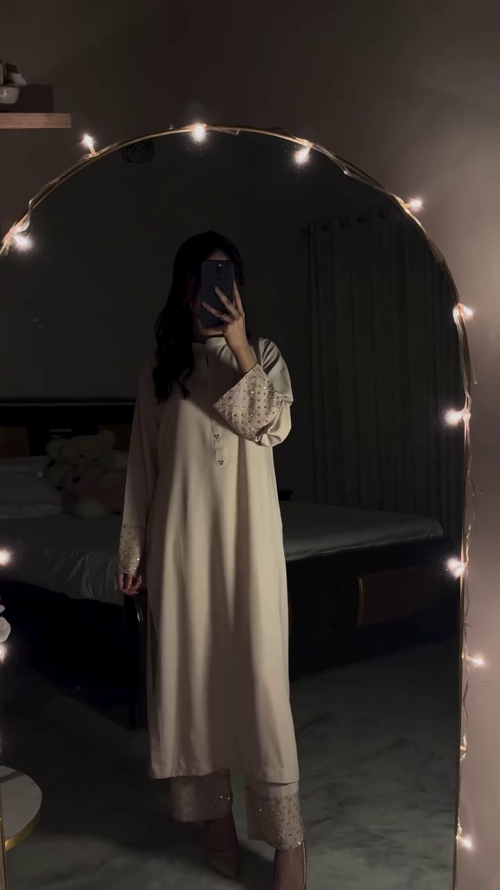 Minimal Beige Kurta Set with Subtle Embellishments – Elegant Nightwear Ethnic Style